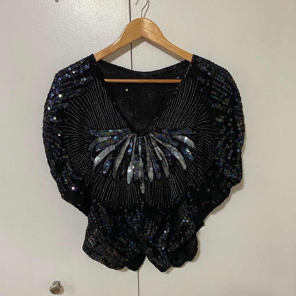 Vintage Sequin Butterfly Black Women's Top